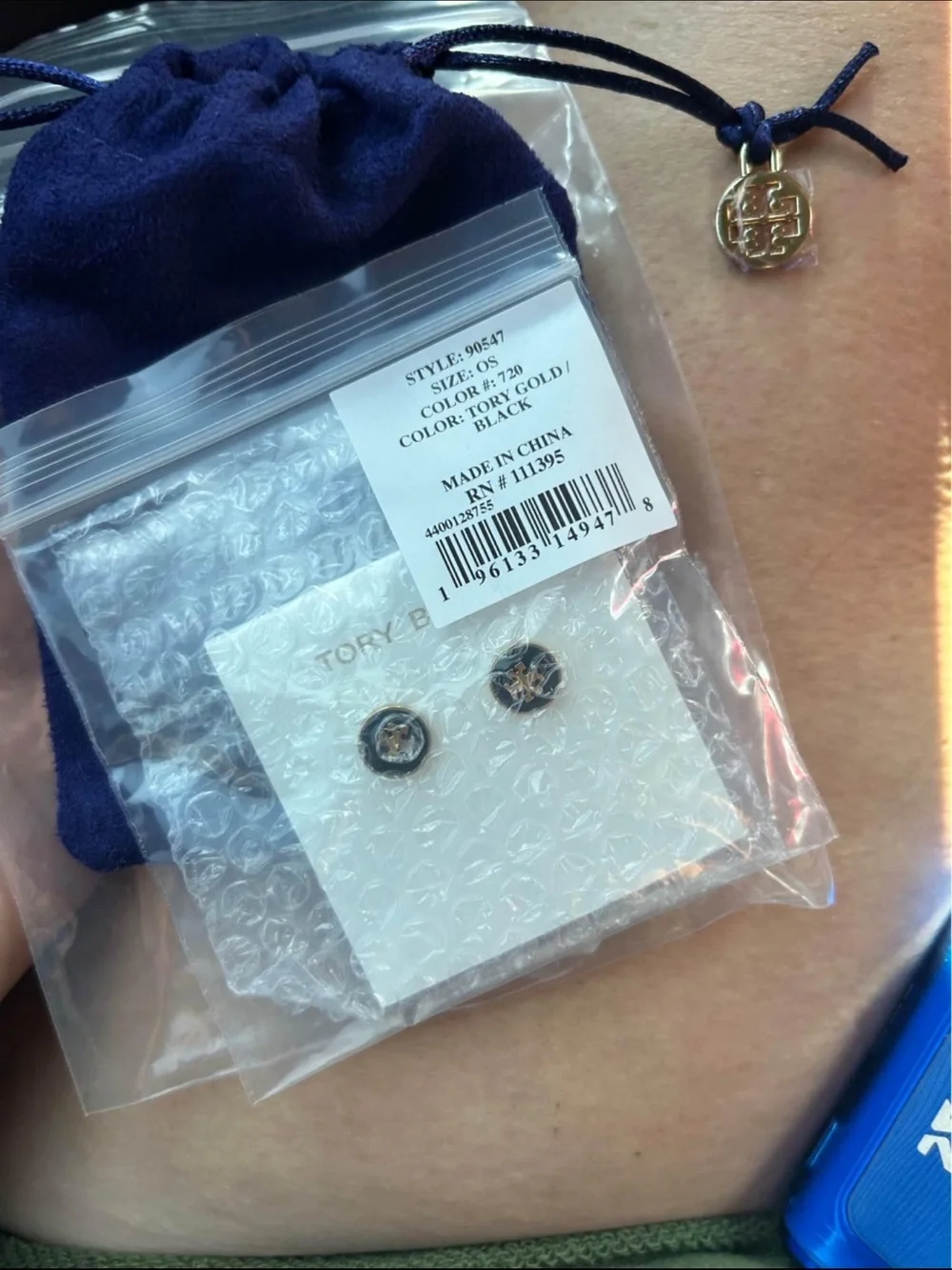 Tory Burch Rose Gold and Black Logo Disc Earrings and matching necklace set